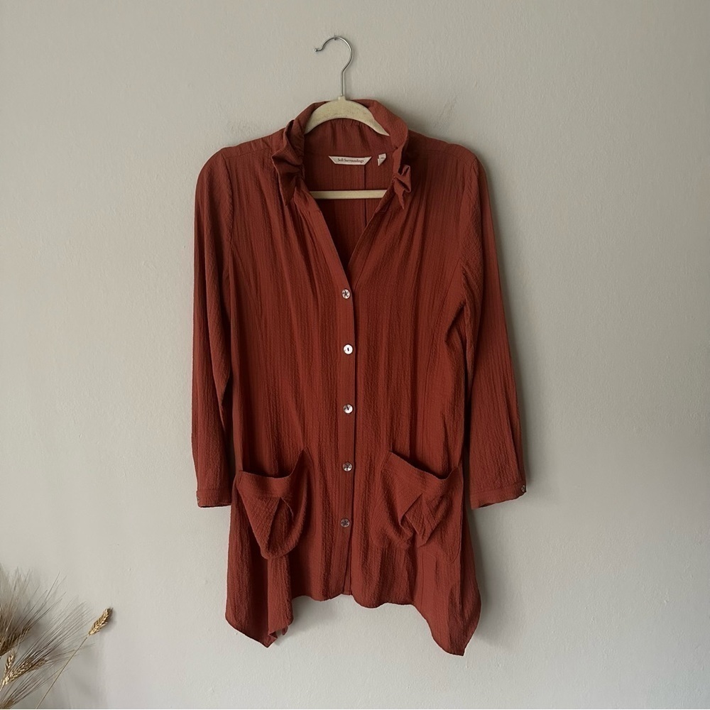 Soft Surrounding Crinkled Gauze Ruched Neck Plein Air Tunic Shirt in Orange XS - Picture 2 of 10